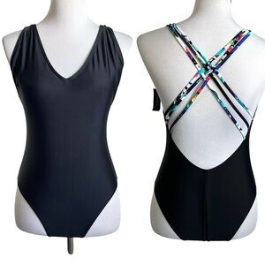 Express Womens 1 Piece Strappy Back Swimsuit Sz Medium Black V Neck NEW